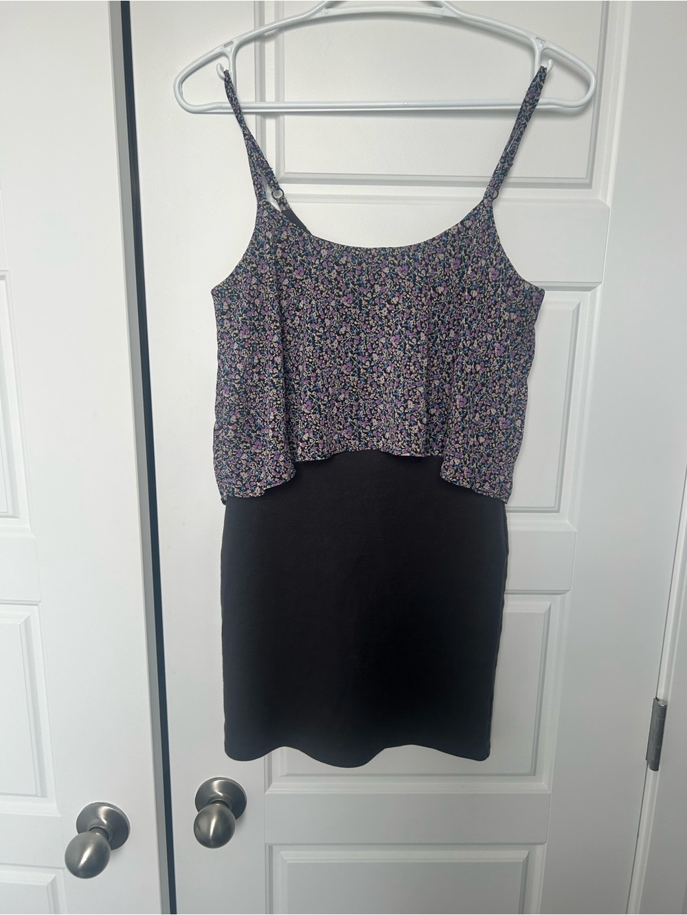 American Eagle Outfitters navy floral ruffle cami with black skirt